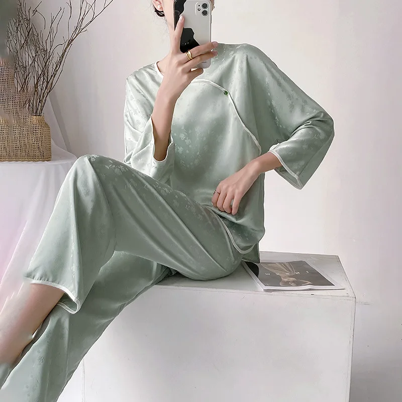 Chinese Style Pajamas Long Sleeve Top&pants Elegant Home Clothes Women Summer Spring Trousers Set Rayon 2Pcs Nightwear Sleepwear