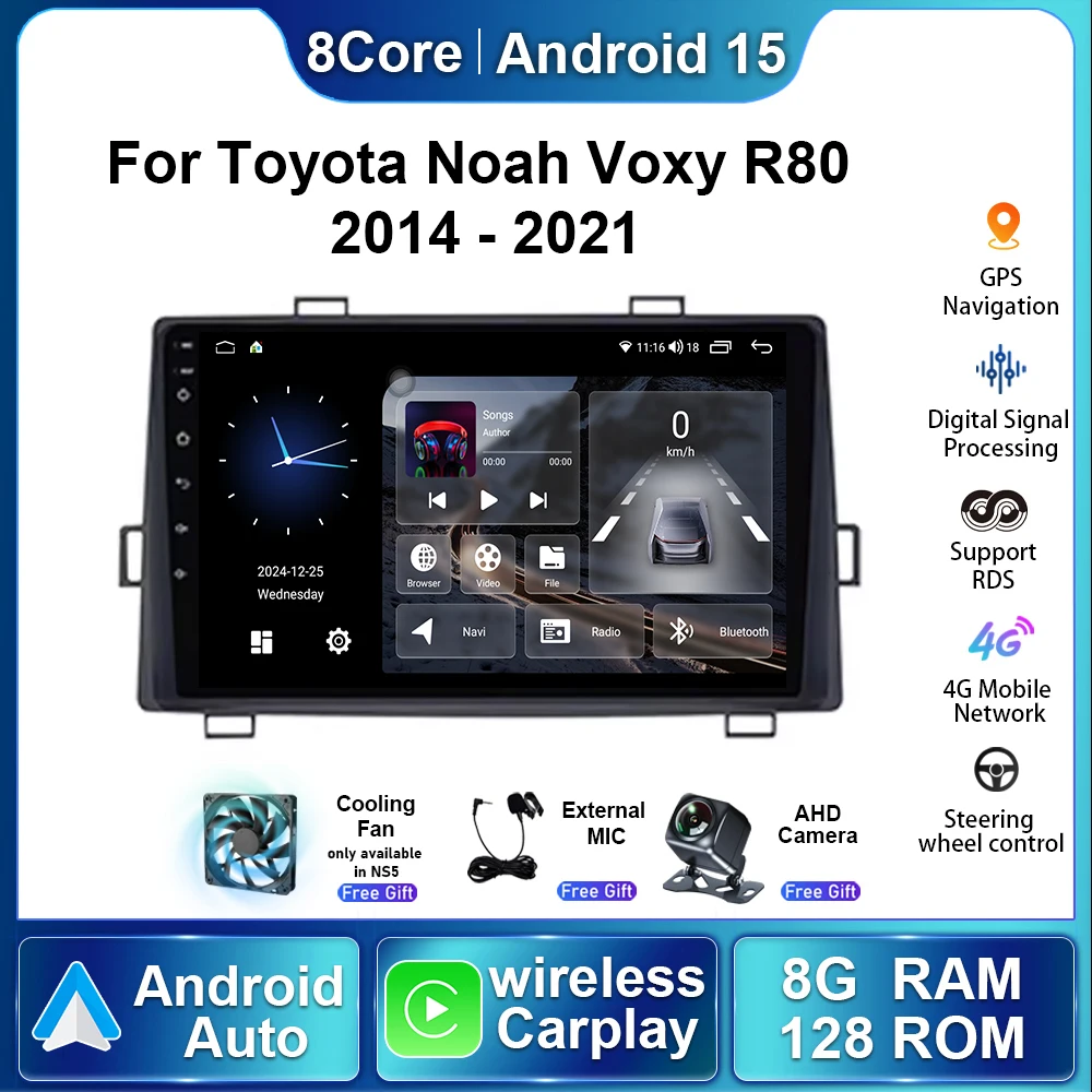 8G+128G Android 15 For Toyota Noah Voxy R80 2014 2015 2016 2017 - 2021 Carplay WiFi 4G Navi GPS Car Radio Multimedia Player QLED