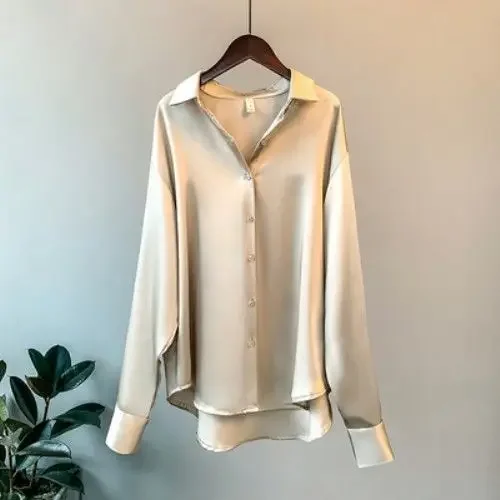 Satin Shirt Faux Silk White Black Blouses Women Long Sleeve Button Up Shirts Solid Color Lapel Spring Fall Loose Tops Blusas