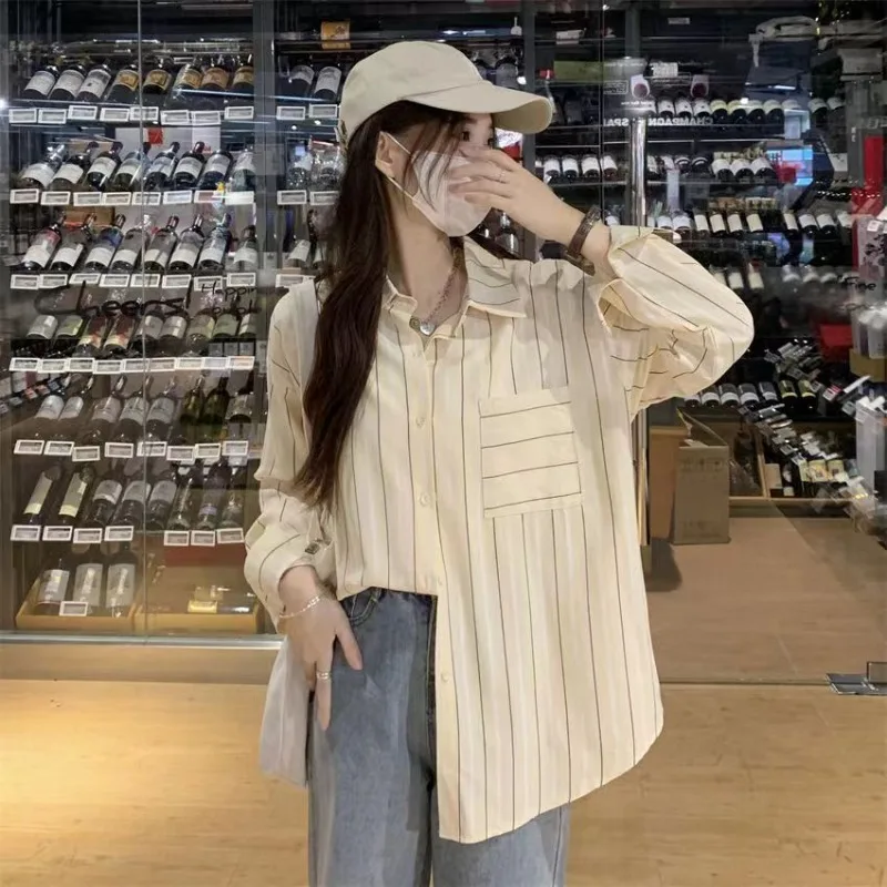 Striped Shirts & Blouses For Women Elegant Chic High Quality Clothing Trend 2025 Pretty Promotion Youth Cool Button Up Woman Top