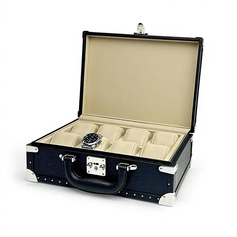 Custom Black Leather Watch Box Rectangular Clamshell Storage Case with Metal Accessories Wooden Jewelry Gift Packaging for
