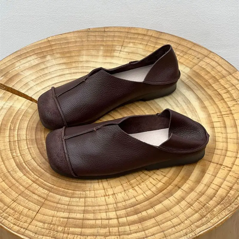 Brown Leather Pure Handmade Shoes  The Retro Art  Girl Shoes Women's Casual Flats Shoes Two Way To Wear