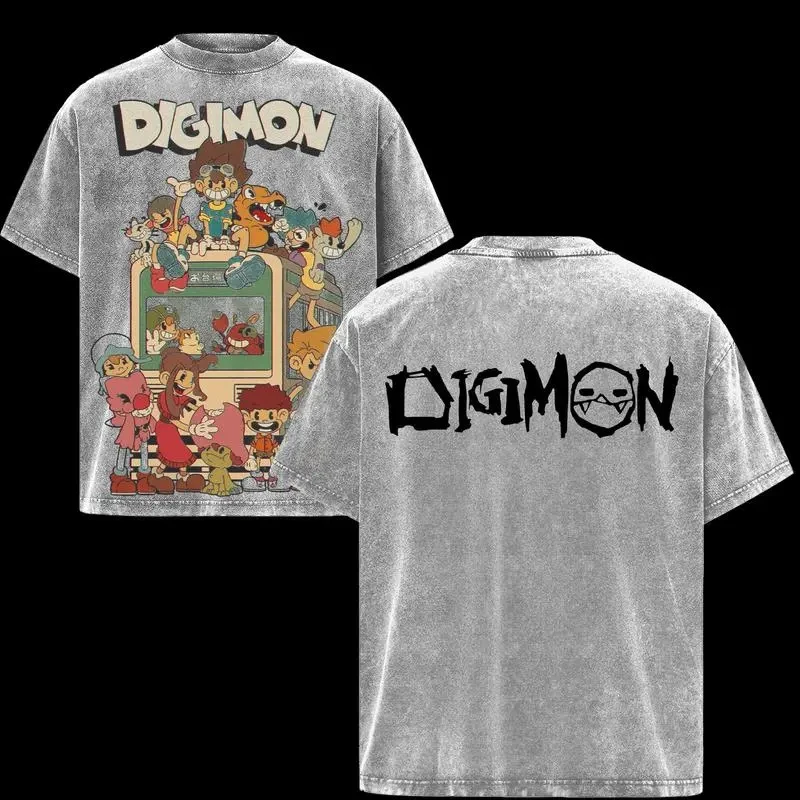 Digimon Agumon Anime Printed Tee Men Women Washed Cotton T-shirts Manga Vintage T Shirt Harajuku Male Short Sleeve Casual Tshirt