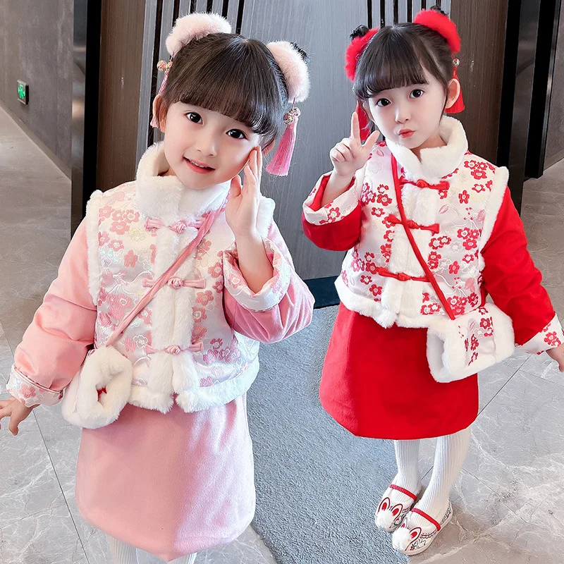 

Winter Kids Traditional Cotton Thick And Quilted Chinese Lovely Children Embroidery Tang Suit Girls New Year Dress