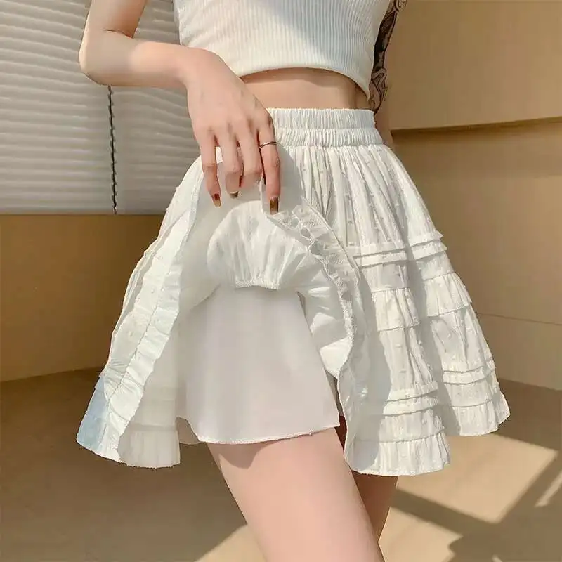 

White Ruffled Women High-Waisted Slim A-E Short Skirt 2025 Summer Simple Versatile Skirts Korean Style Women's Clothing