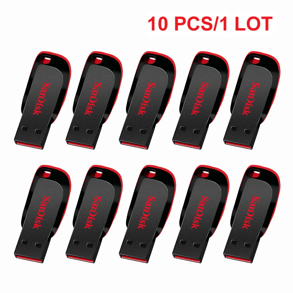 SanDisk – clé USB 2.0, 16 go, 32 go, 64 go, 128 go, U Disk Cruzer Blade, clé USB, pour ordinateur/ordinateur portable, 10 pièces/1 Lot