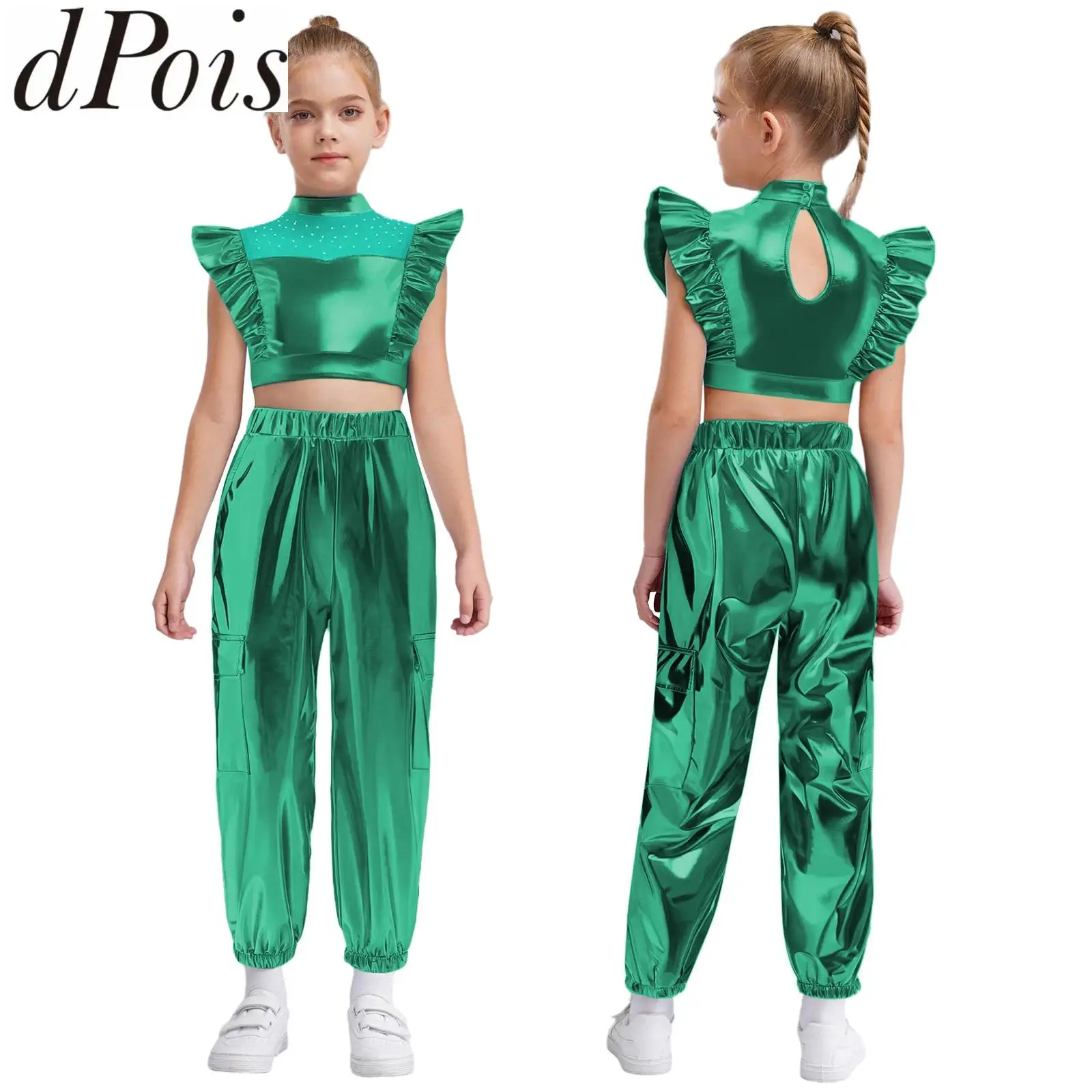

Kids Girls Hip-Hop Jazz Modern Dance Performance Outfit Rhinestones Mesh Patchwork Sleeveless Metallic Crop Top with Cargo Pants