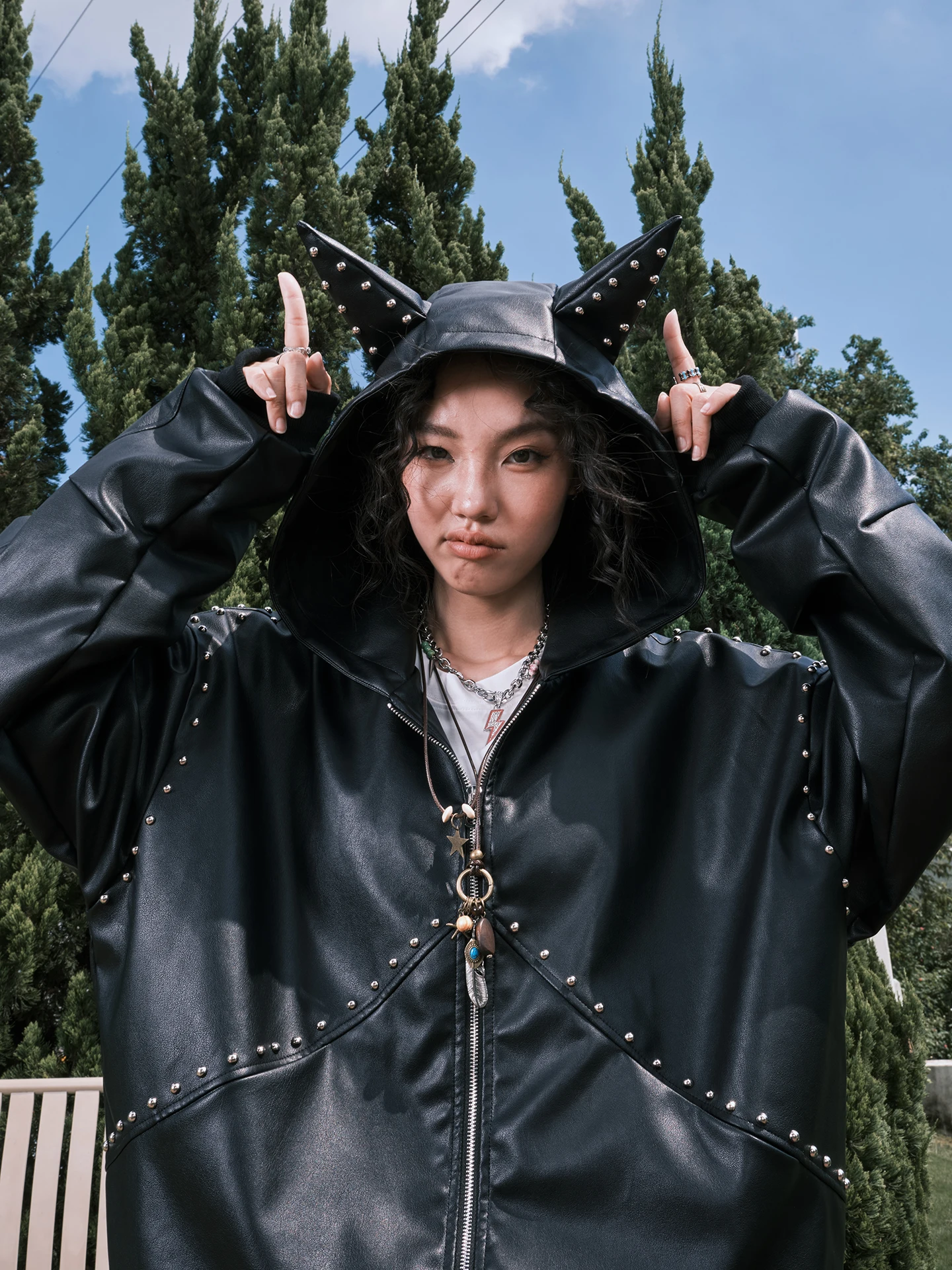 

Nuthink Apy Punk Sle Jaet with Rivet Design And Dalmatian Ear Detailing Youthful Streetwear Spring Autumn ex Coat