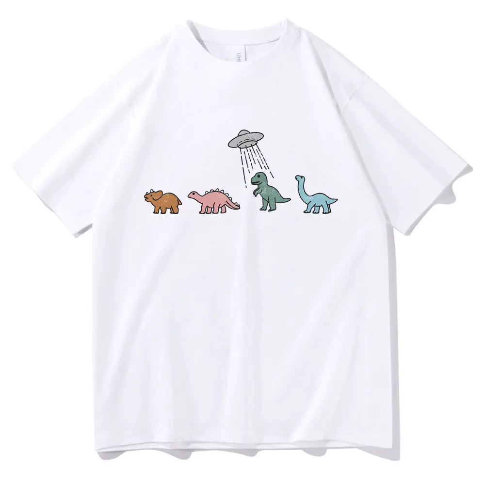 Funny Dinosaur Ufo Graphic Print T-shirt Unisex Cozy Cotton Oversized T Shirts Men Women Casual Cartoon Cute Kawaii Meme Tshirt