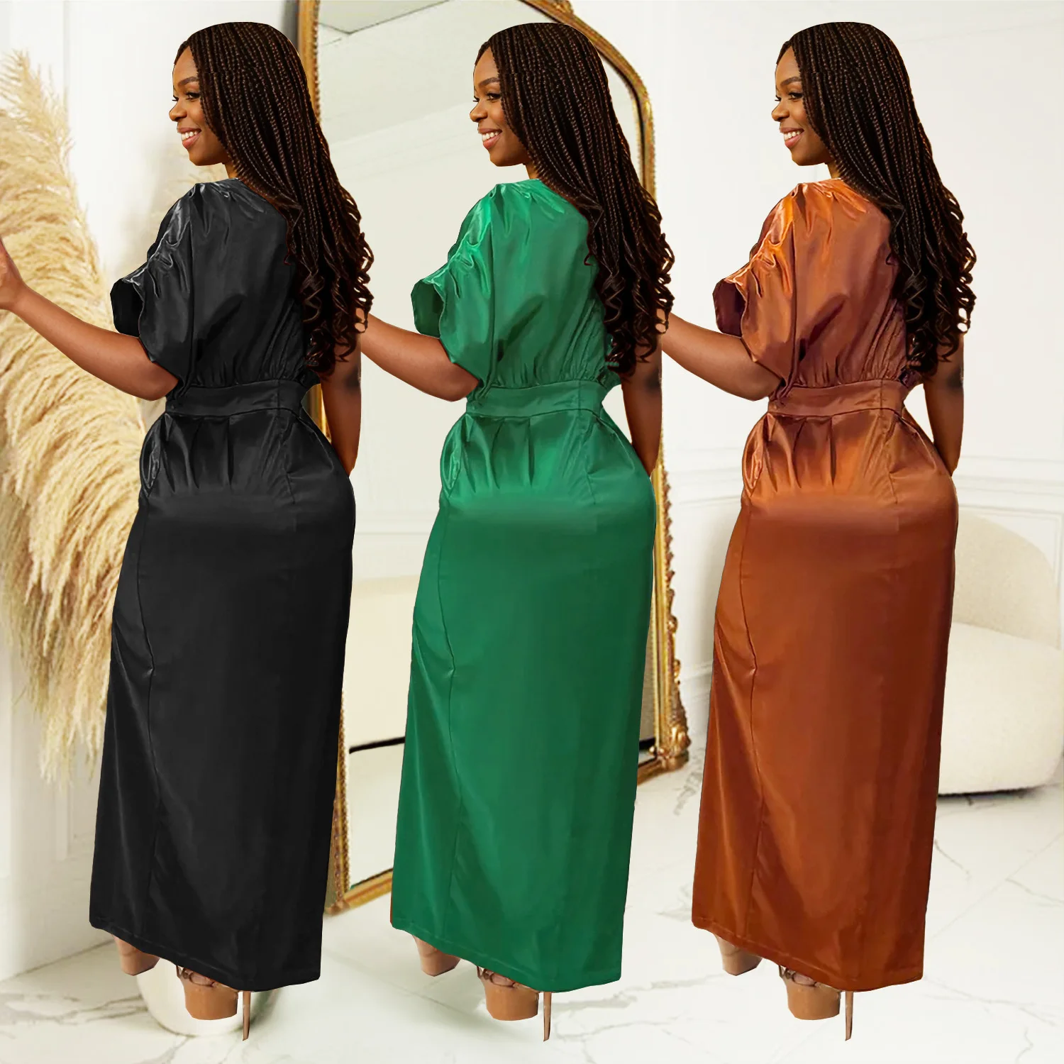 

Европейская и американская модная женская одежда с короткими рукавами и поясом, однотонное новое платье