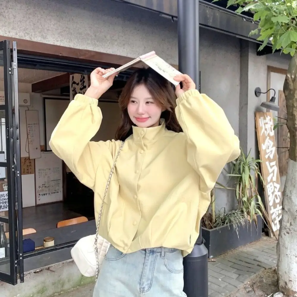 Women Cream Yellow Jacket Stand Collar Korean Style Autumn Spring Casual Loose Long Sleeve Cargo Windbreaker