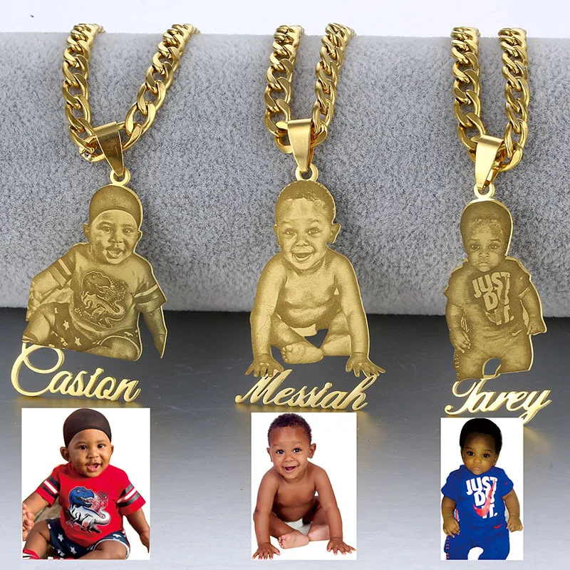 HIBODY Customized Photo Necklace 18K Gold Plated Carved Personalized Picture Pendant Necklace Customized Gift for Men and Women