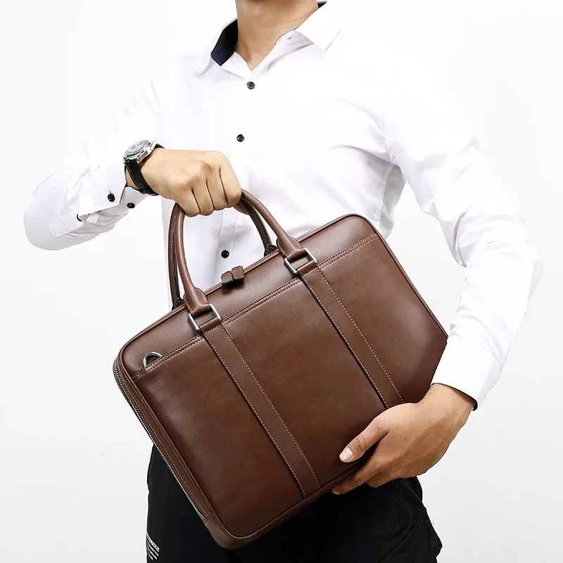 Leather Men\'s Laptop Bag Men\'s Business Hand Casual Large Capacity Briefcase Simple Single Shoulder Crossbody Handbag