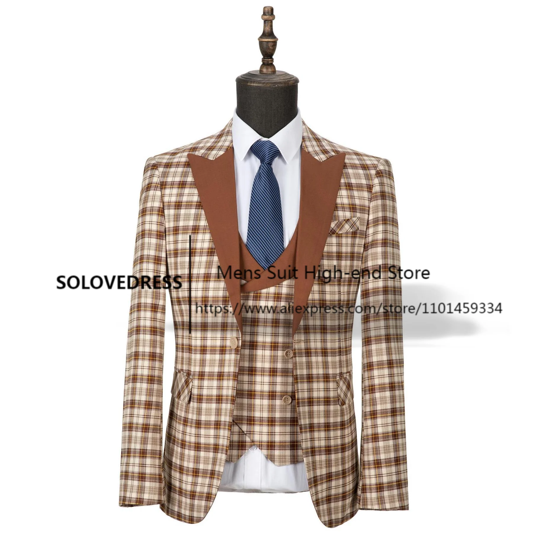 

2024 New Men's Suit Brown Formal 3 Pieces Slim Fit Shawl Lapel Plaid Wool Tweed Tuxedos Wedding Groomsmen (Blazer+Vest+Pant)