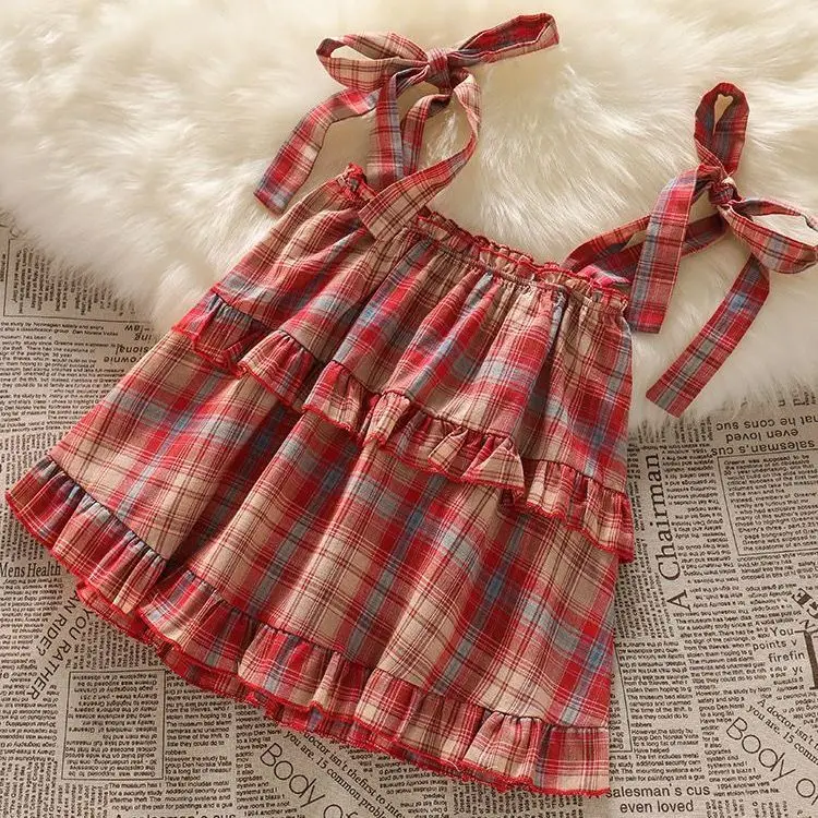 Spring and Summer Sweet Style Set French Retro Plaid Tank Top Women's High Waisted Fringed Straight Leg Jeans Two-piece Set