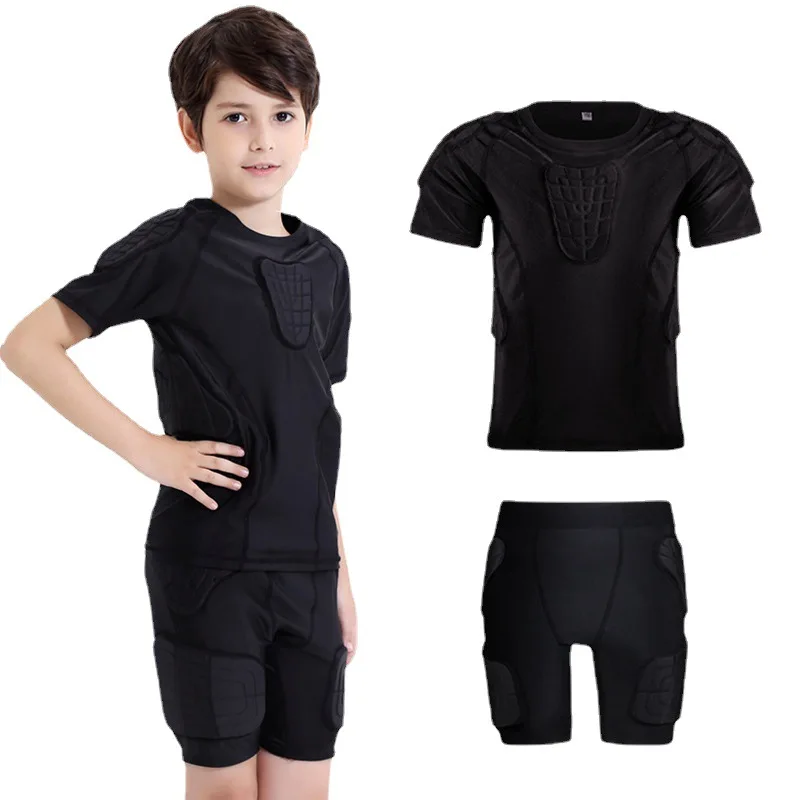 Children's Football Goalkeeper Compression T-shirt Uniform Padded Black Soccer Jersey For Bike Baseball Shorts Pants Suit Kids