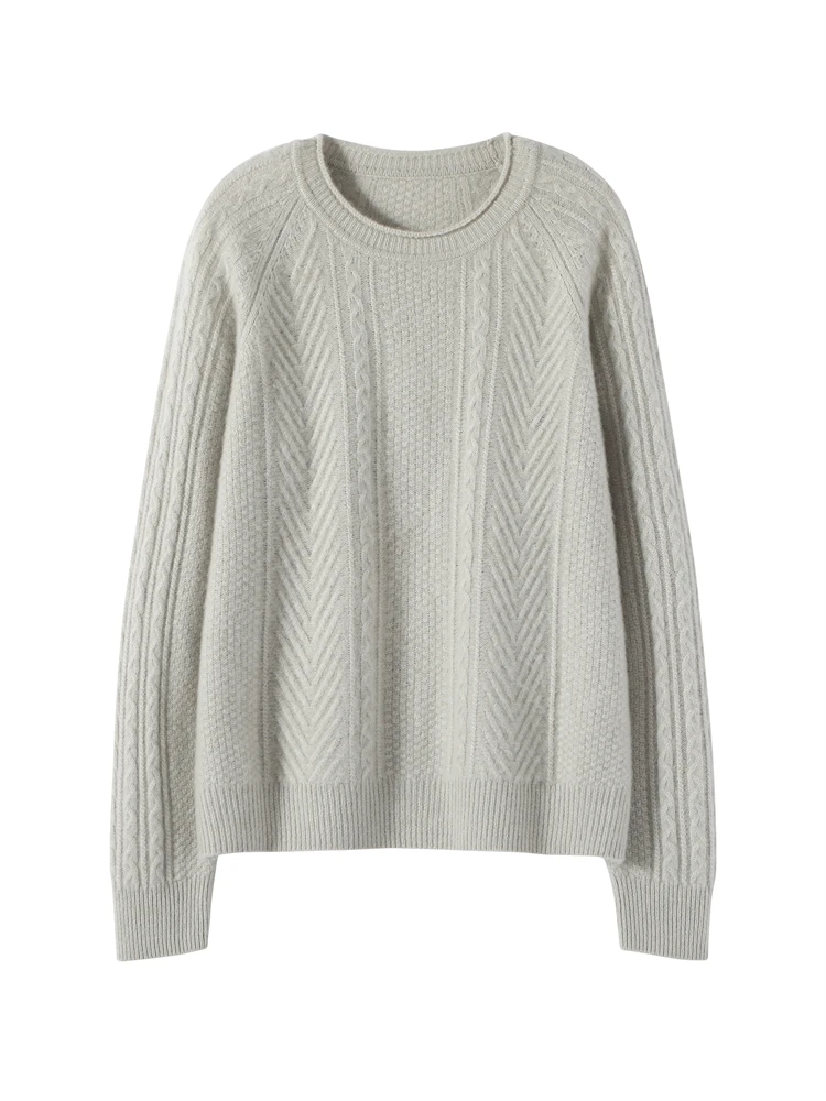Jersey con cuello redondo y punto de Cable para mujer, suéter de punto de Cachemira de 100% grueso, cálido y suave, ropa elegante, Otoño e Invierno