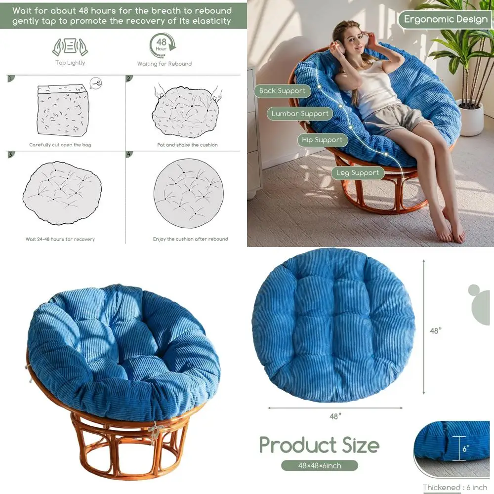 

Navy Corduroy Papasan Chair Cushion, 48 x 48, Overstuffed Supportive Seat (No Chair Included)