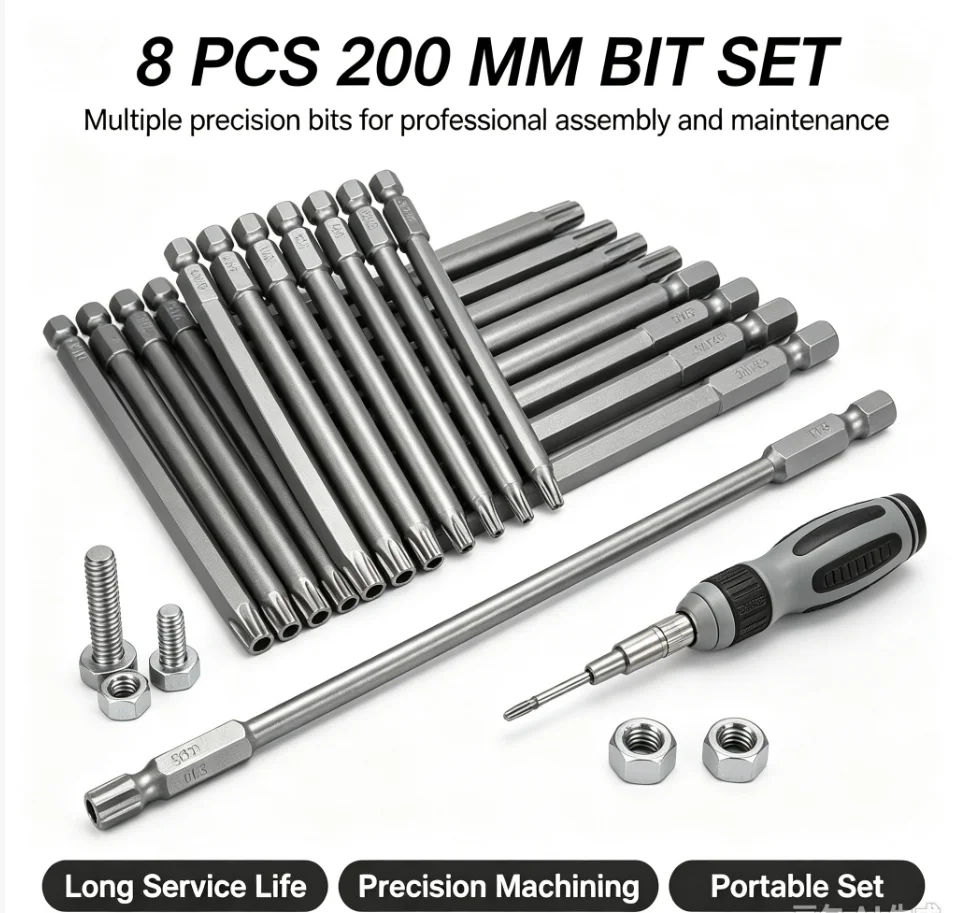  8Pc Star Screwdriver Bit 1/4'' Shank Hex Wind Drill Head 150mm 200mm Screw Wrench Magnetic Star T8 T10 T15 T20 T25 T27 T30 T40