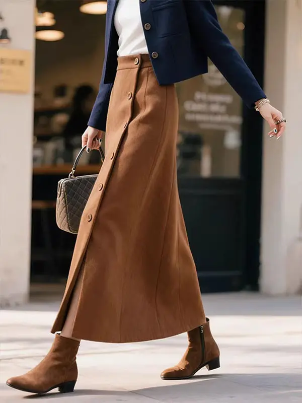 Retro Elegant Coffee Brown Slit Wool Skirt Women New Winter High Waist Single Breasted Minimalist Office Commute A-line Skirt