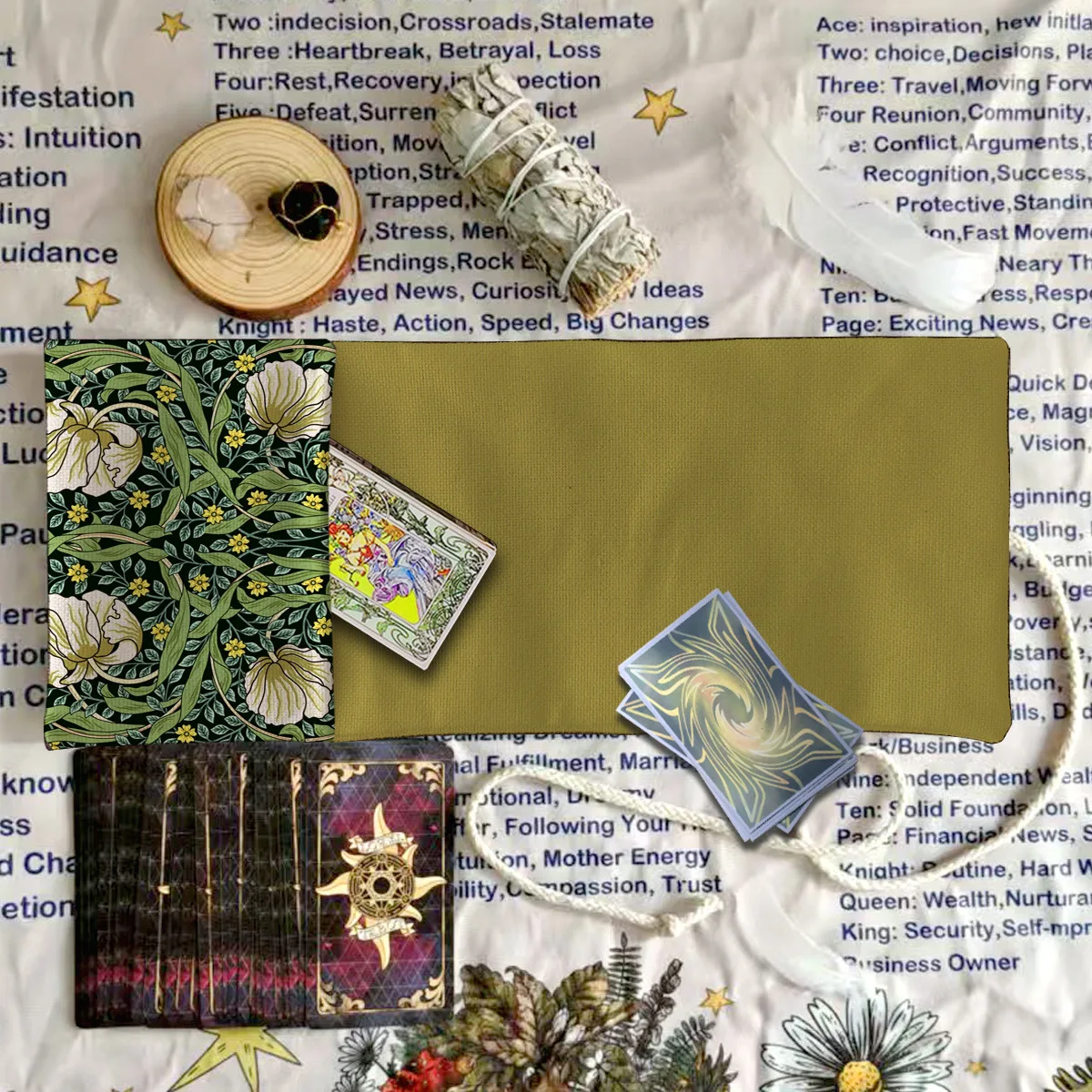 Retro Botanical 2‑in‑1 Tarot Bag Foldable Solid Olive‑Green Blank Divination Mat Drawstring Oracle Card Pouch