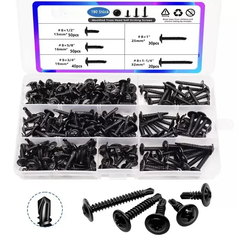 190pcs Self-Tapping Screws Self-Drilling Screw Set Black Carbon Steel Round Head Screw Assortment Kit Hardware Tools Nail Screw