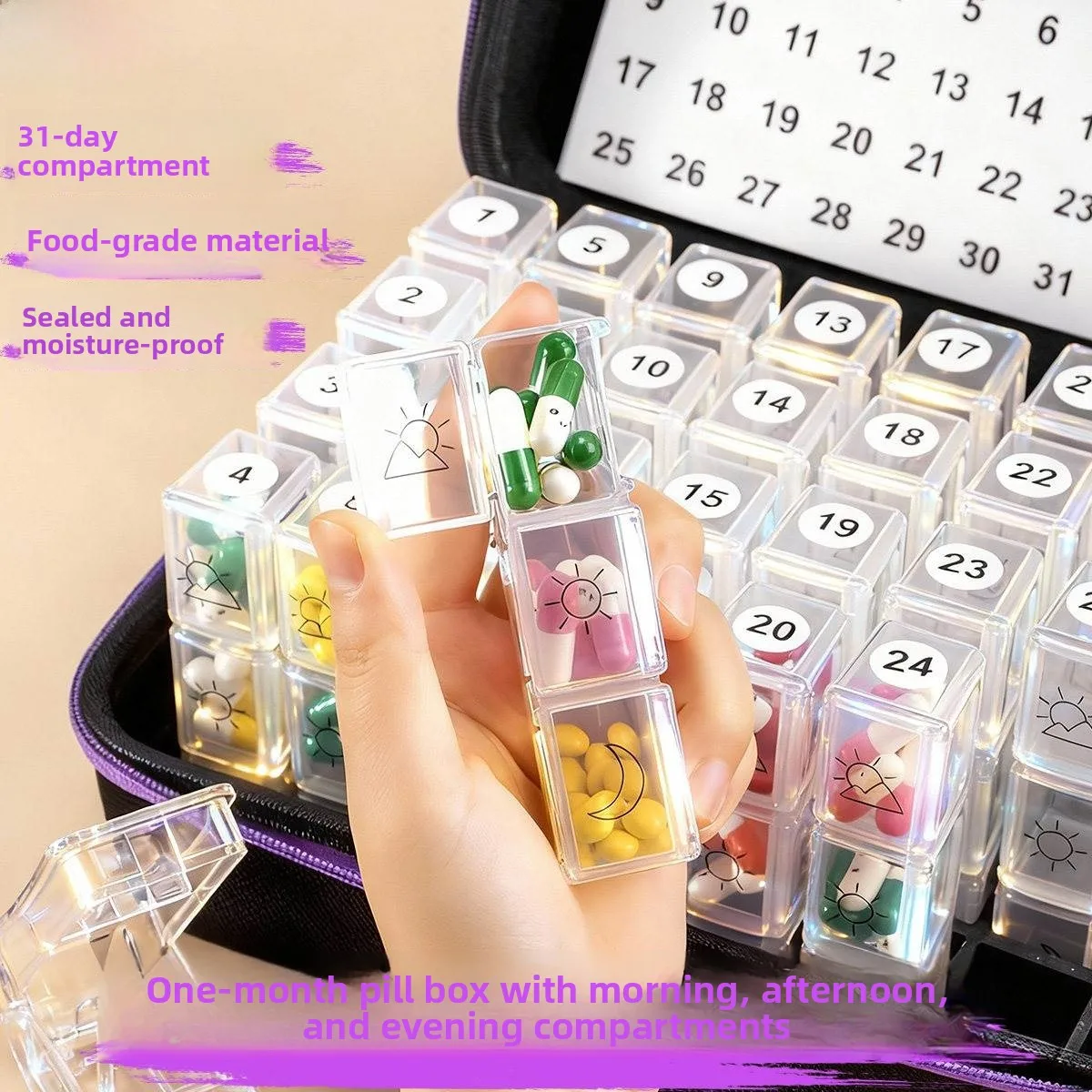 

Portable Large Capacity Medicine Box 31-Day One-A-Day Food-Grade Medical Grade Organizer for Morning Noon Night Doses