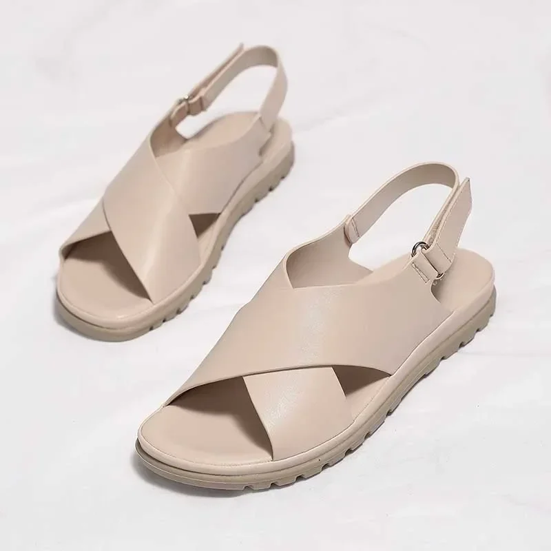 2024 Summer Women 1.5cm Platform 2.5cm Low Heels Sandals Lady Leisure Fashion Soft Leather Shoes Female Cross Belt Concise Flats