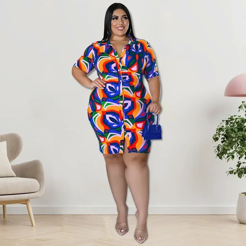 

GUWU летнее платье больших размеров, модное женское однобортное повседневное платье-рубашка с коротким рукавом и принтом большого размера с отложным воротником