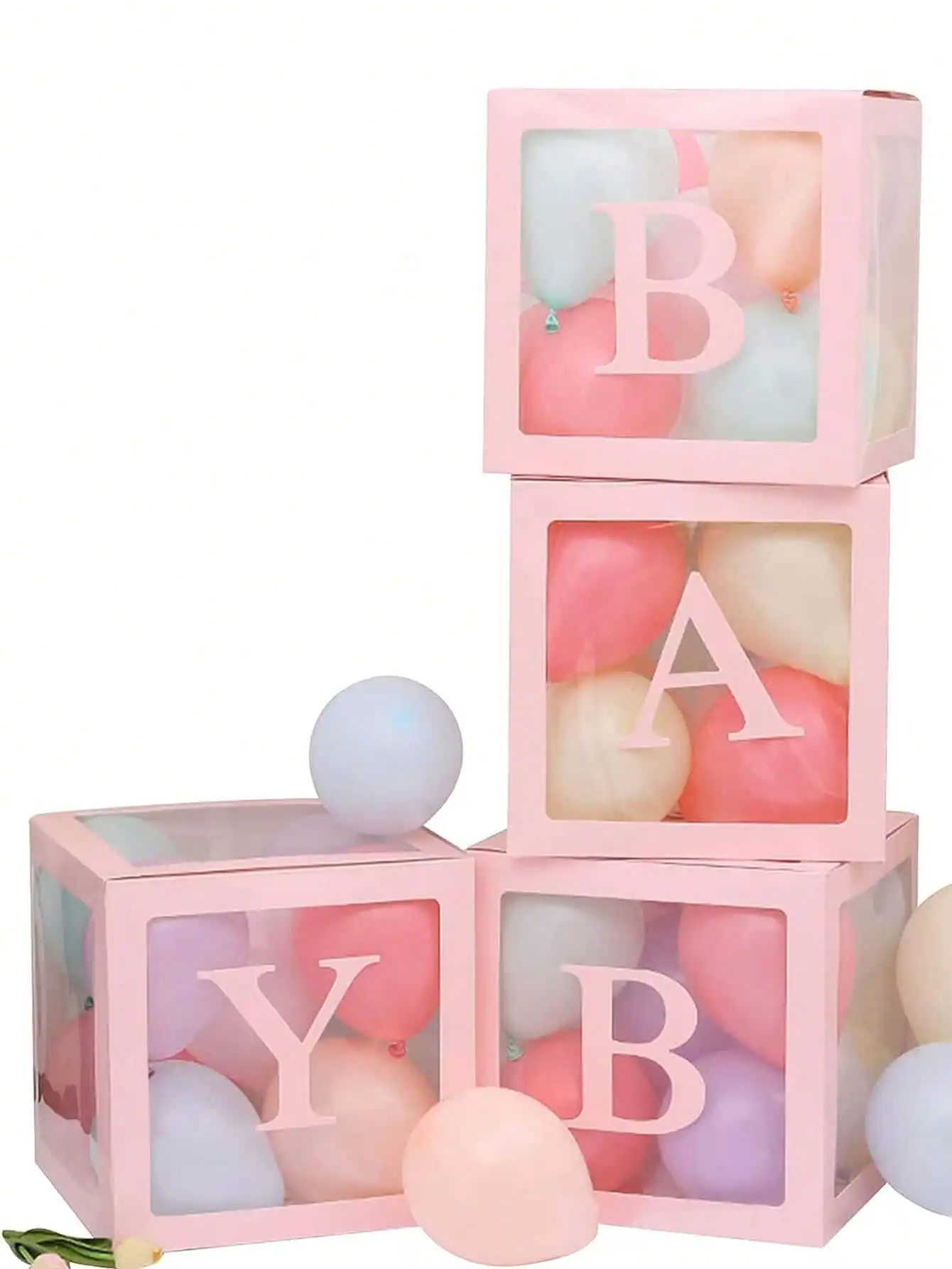 4 baby boxes with baby shower mail, baby shower decorations for boys or girls, clear balloon boxes, birthday party(No balloons)