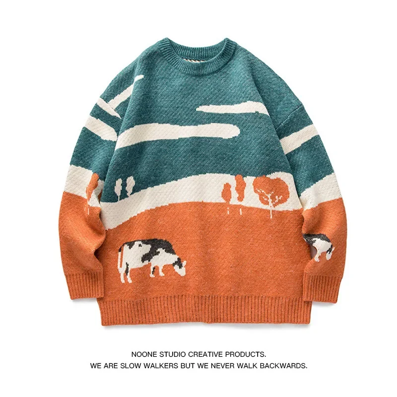 

2024 Men's Fun Prairie Cow Fresh round Neck Sweater Pullover Color Matching Sweater