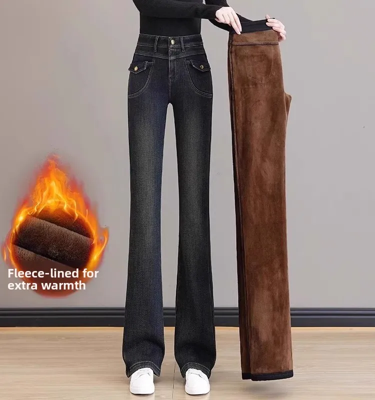 

Fce Lined Flared Jeans High Waist Thiened High Elastic Slimming Winter New Faion Retro Sle Warm Denim Pants