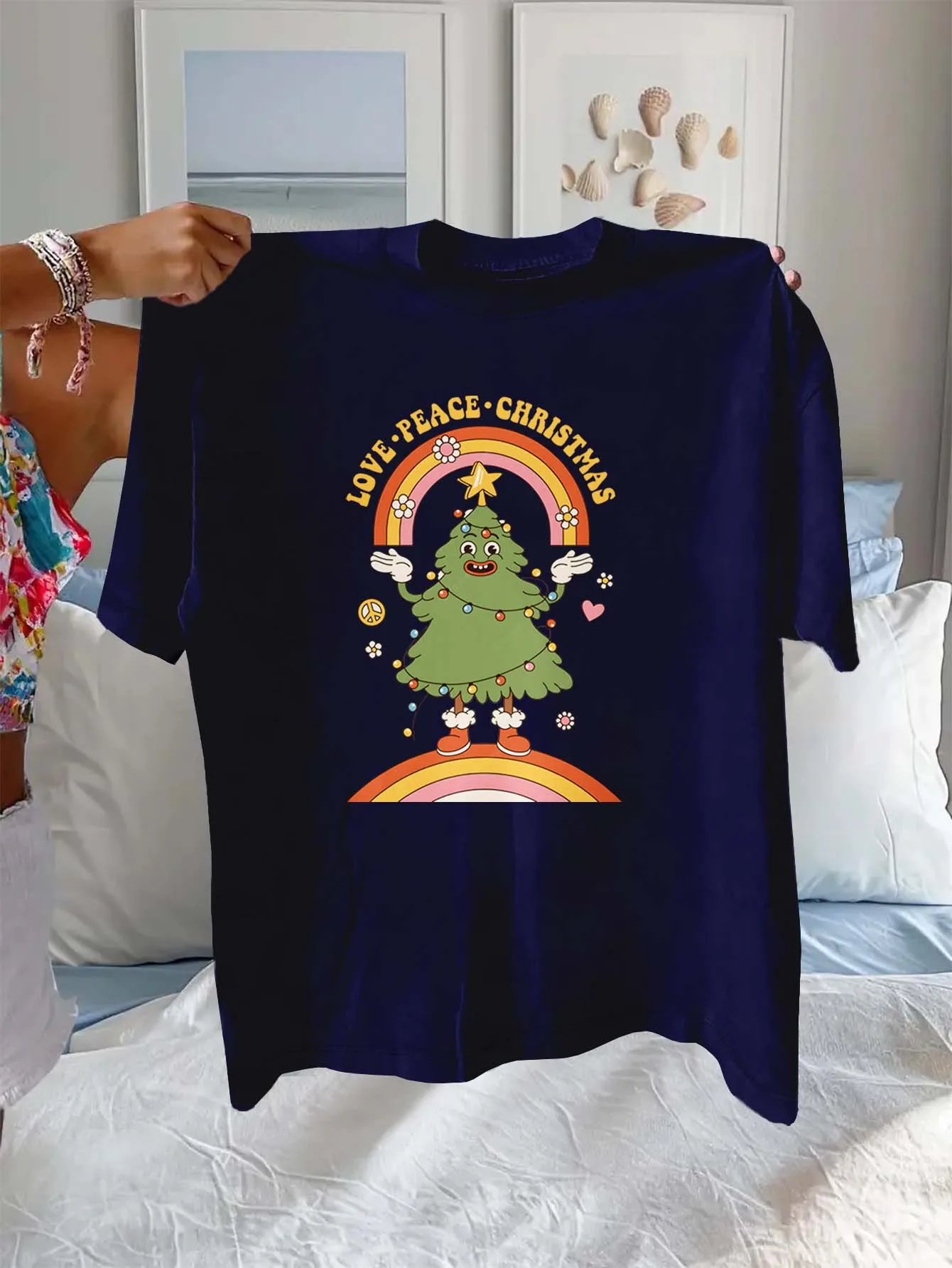 

Plus Size Christmas Tree Rainbow Love Peace Graphic Fashion Top