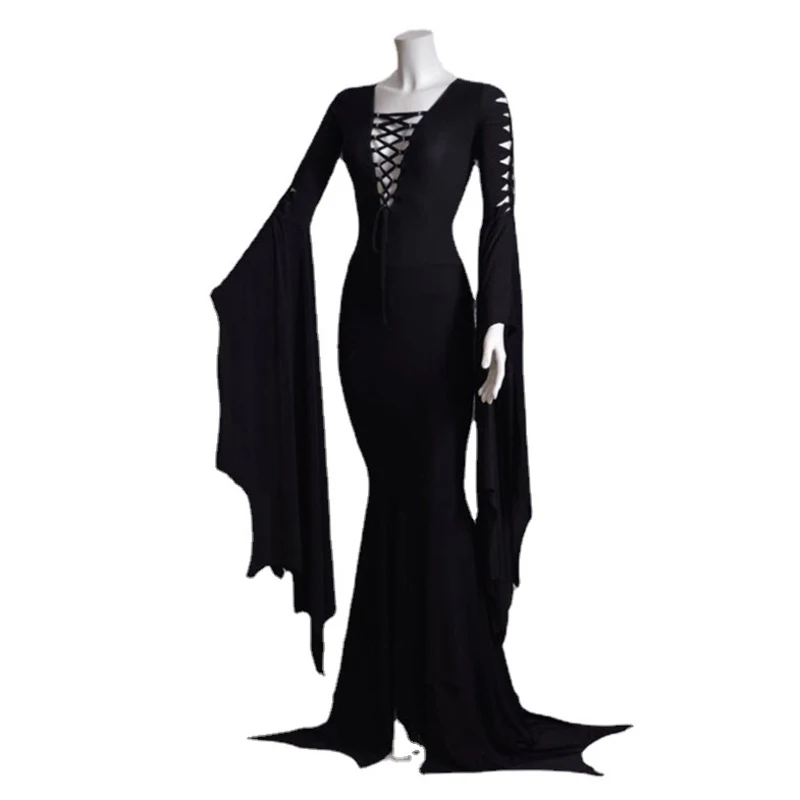 Morticia Addams Cosplay Floor Dress Costume Adult Women Punk Gothic Witch Vintage Sexy Hollow Lace Up Slim Gown Dress Halloween