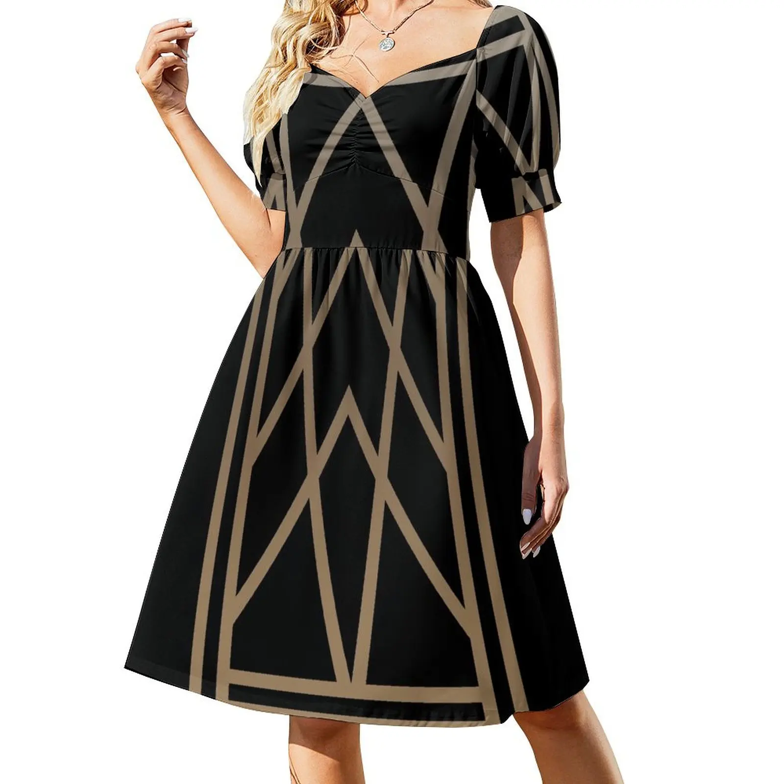 

Black and Gold Art Deco Short Sleeved Dress elegant chic women dresses promotion luxury woman party dress Dress