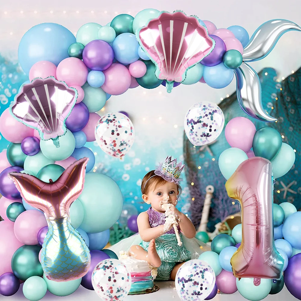 Mermaid Birthday Balloons Set 32inch Number Foil Balloon Sea Shells Balloons Baby Shower Kids Girls Mermaid Theme Decorations