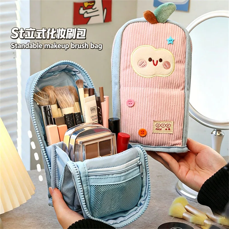 Kawaii Stand-Up Makeup Brush Storage Bag Large Capacity Animal Embroidery Denim Corduroy Cosmetic Tools Organizer with Dividers
