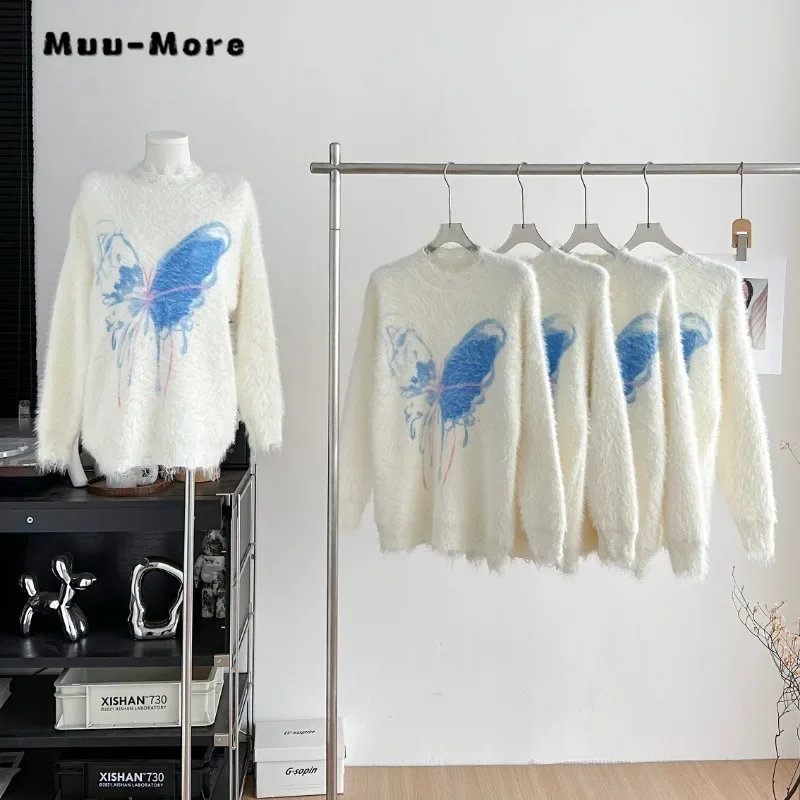 

2023 Winter Elegant Casual Knitting Long Sleeve Butterfly Print Pullovers Korean Fashion Women Chic Loose Ladies Warm Sweater