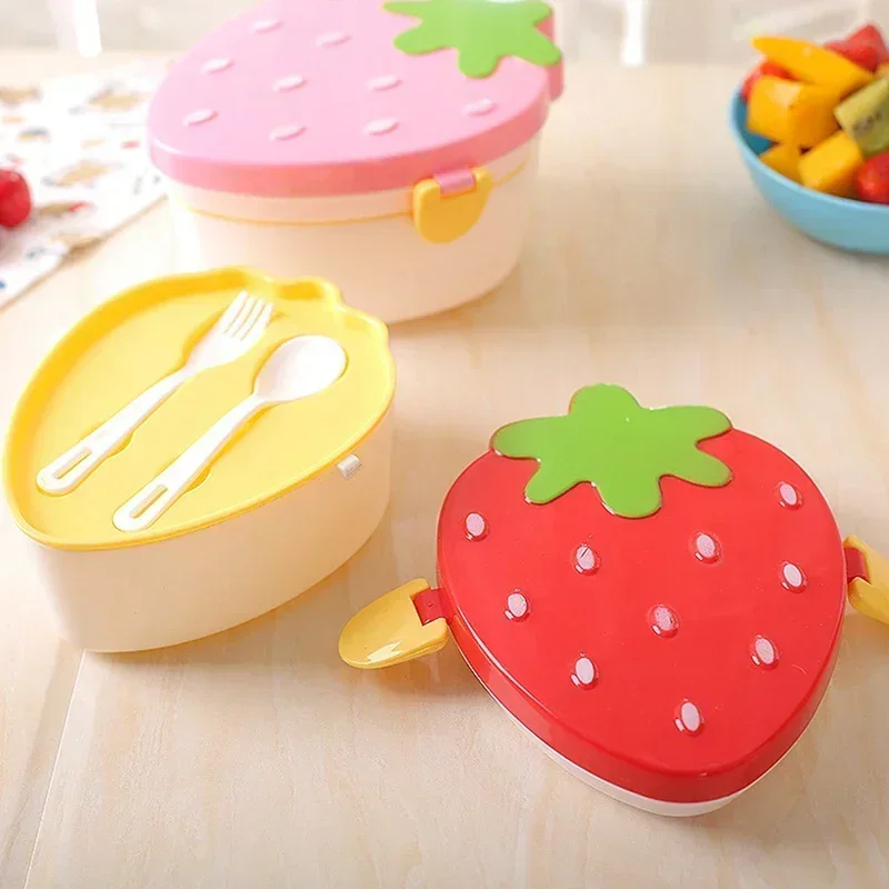 

Kids Cute Strawberry Shape Lunch Box With Fork Spoon 2 Layer Food Grade Large Capacity Food Fruit Storage Bento Box