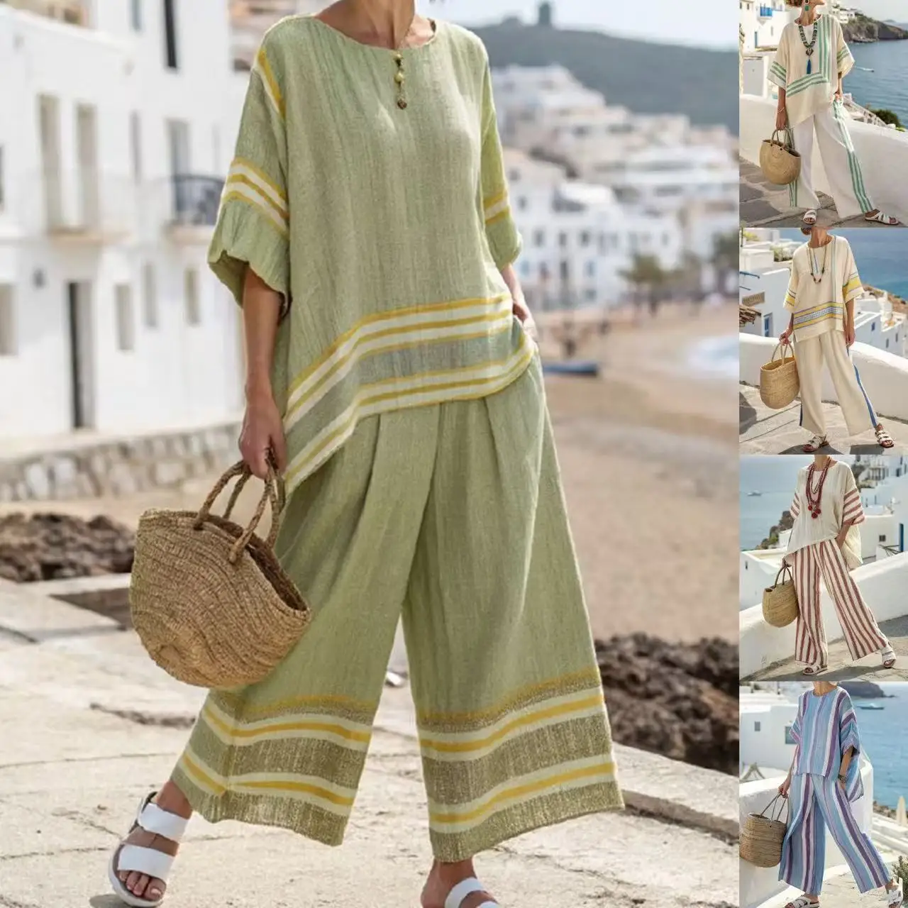 

Casual Striped Print Two-piece Set Loose O-neck Three-point Sleeve Pullover Top Wide-leg Trousers Set Women Spring Fashion Style