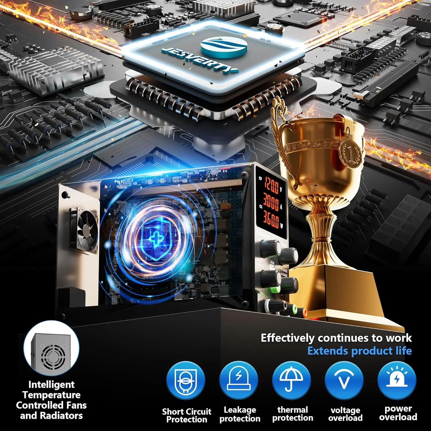 Zasilacz DC 0-120V 0-3A Regulowany z 4-cyfrowym wyświetlaczem LED, USB 5V/2A, Regulacja grubo-/dokrętna SPS-12003