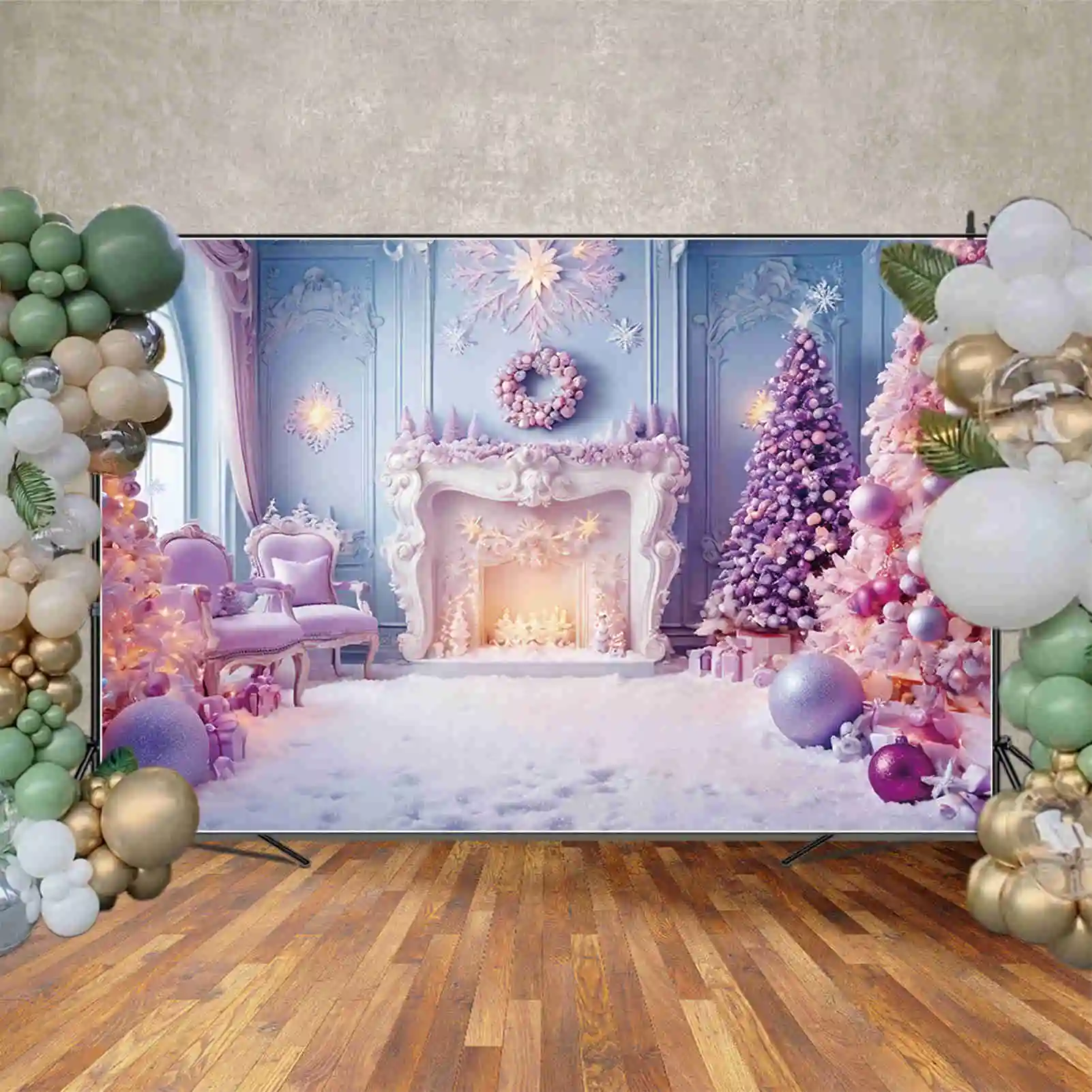 MOON.QG Western Christmas Fireplace Christmas Trees Backdrops Wall Ornamented Tree Blue Western Background Party Photocall Props