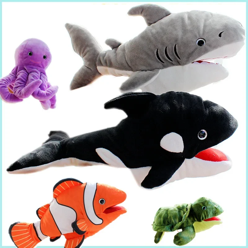 35cm Sea Shark Soft Stuffed Fish Shark Doll Cospaly Animal Plush Educational Baby Toys Kawaii Hand Finger Puppet For Kids Gifts