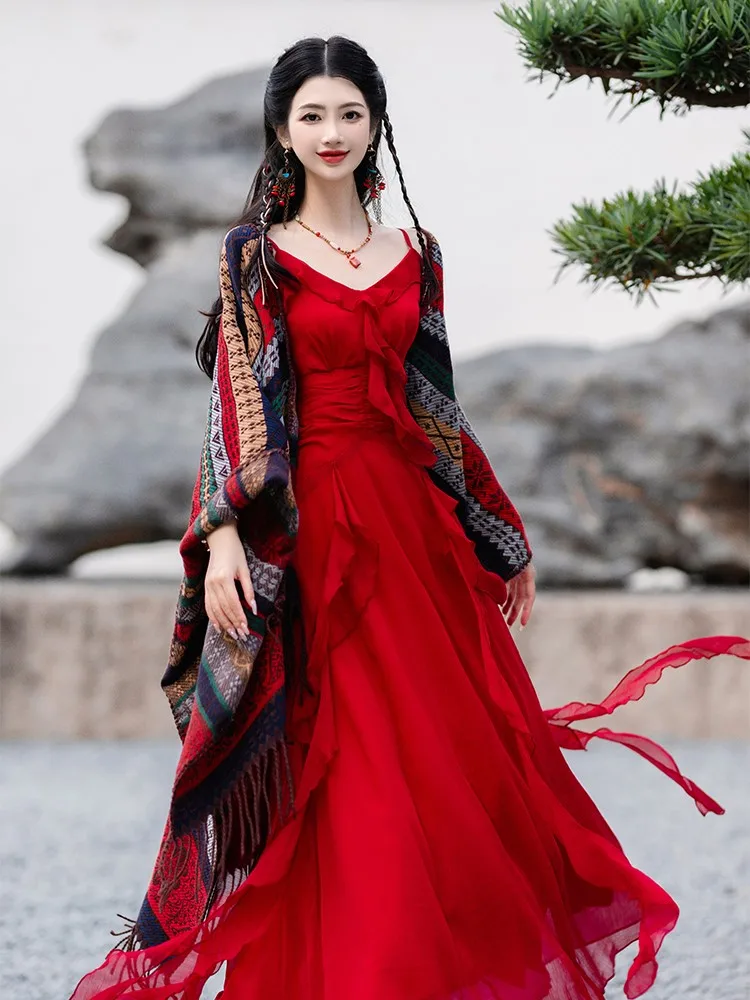 

Fashionable and stylish red embroidered long dress for women's vacation photos