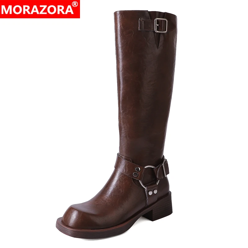 

MORAZORA 2024 New Genuine Leather Boots Zipper Women's Motorcycle Boots Buckle Brown Black Autumn Winter Knee High Boots