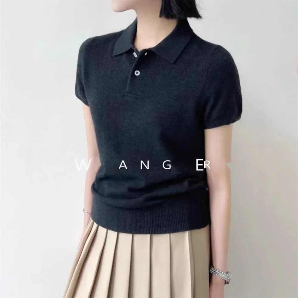 

Summer French Polo Neck Yellow Short Sleeve Knitted Top Women's High-End Sensation Thin Short T-Shirt Female Upper Body