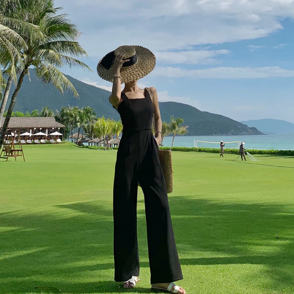 Frauen Spaghetti Overalls Lange Sommer Strand Backless Dünne Hochzeit Strampler Schwarz Büro-Dame Sexy Elegante Overalls Designer Neue