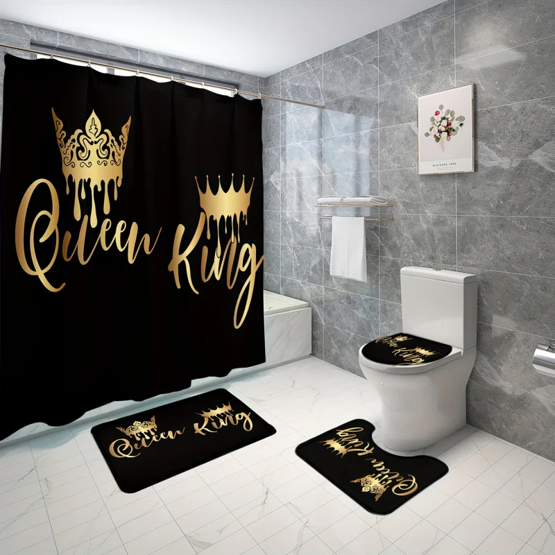 4pcs Crown Letter Pattern Shower Curtain Set, Waterproof Bath Curtain With Hooks, U-shaped Mat, Toilet Cover Mat, L-shaped Mat,