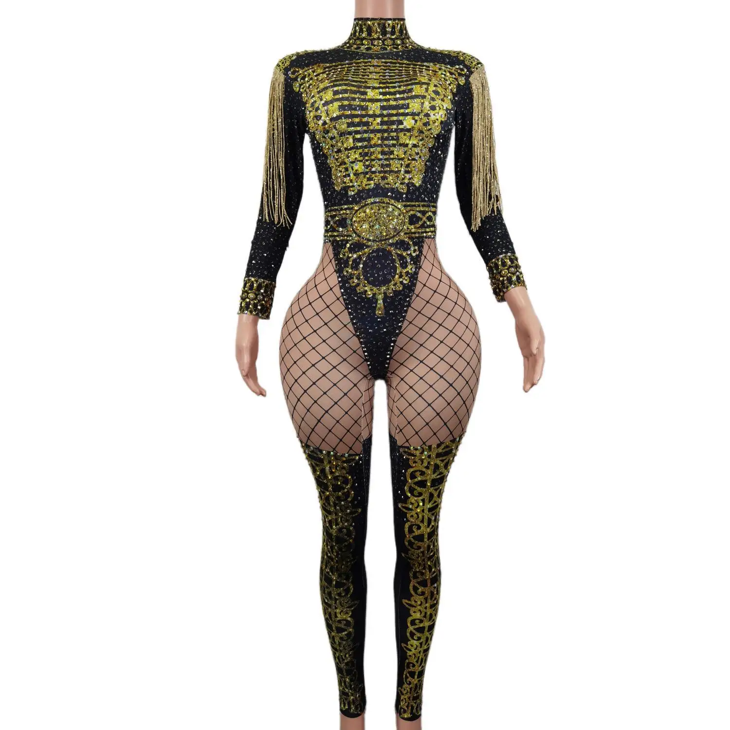 

Sparkle Black Gold Rhinestone Crystal Jumpsuit Luxury Tassel Women Party Prom Costume Dancer Stage Performance Bodycon Leotards