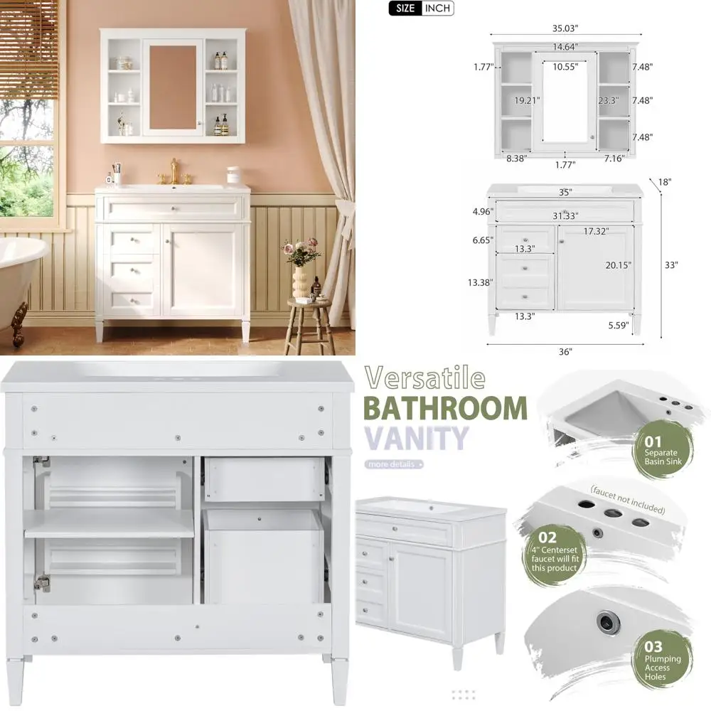 

contemporary 36" vanity set with integrated medicine cabinet, drawers, and soft-close storage